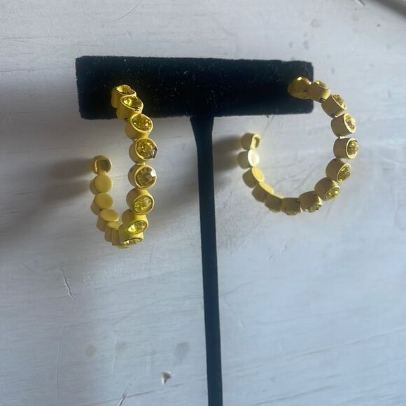 Yellow Powder Coated Rhinestone Hoop Earrings - Picture 2 of 12